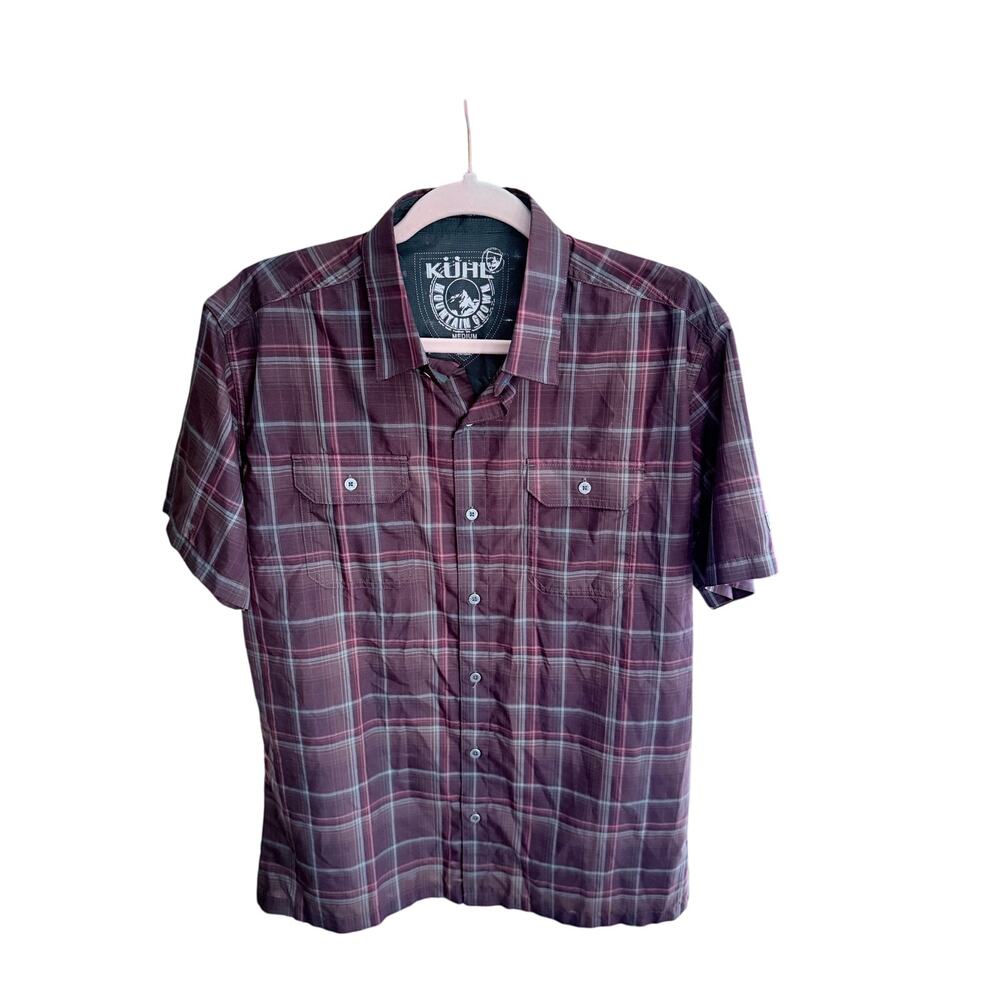 Kuhl men’s maroon plaid button front short sleeve camp shirt medium hiking